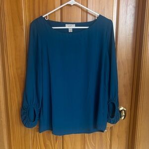 LOFT Deep Blue Blouse with Gathered Sleeves